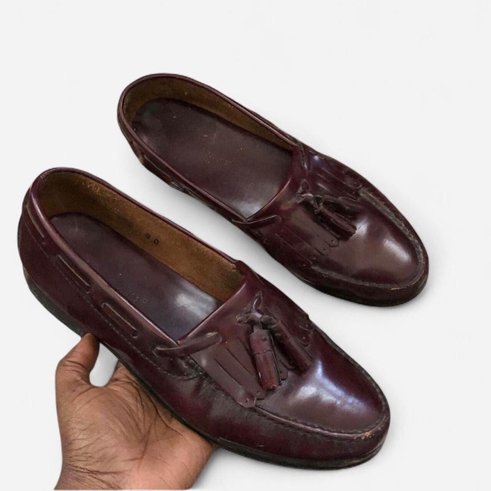 Burgundy Maroon Oxblood Red Leather Dress Penny Loafers Shoes Tassels Fringe Men